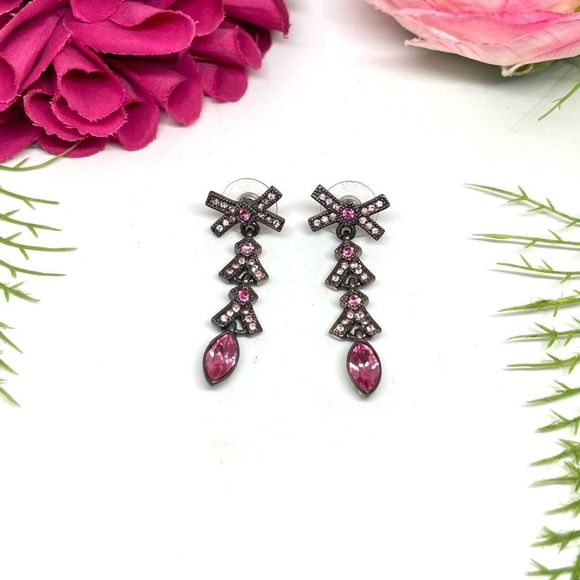 VINTAGE⚜️Marquise Bow Pink Crystal Pavé Droplet Earrings - Picture 1 of 7